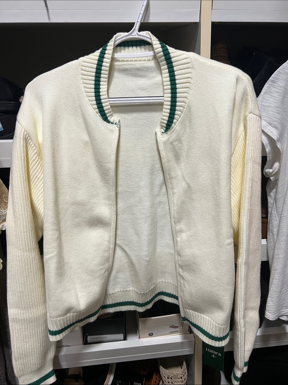 HALARA Cream Zip Cardigan with Green Trim. Super stylish ** 30% 3 or more items